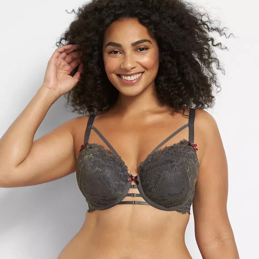 Cacique Intimates Strappy Lace Boost Balconette Bra Eiffel Tower Gray 40 DDD